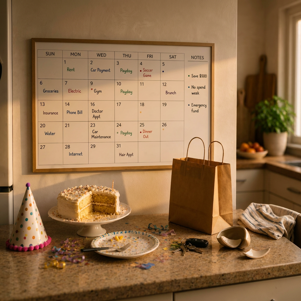 A kitchen calendar with paydays and expenses above a counter with birthday items and car keys