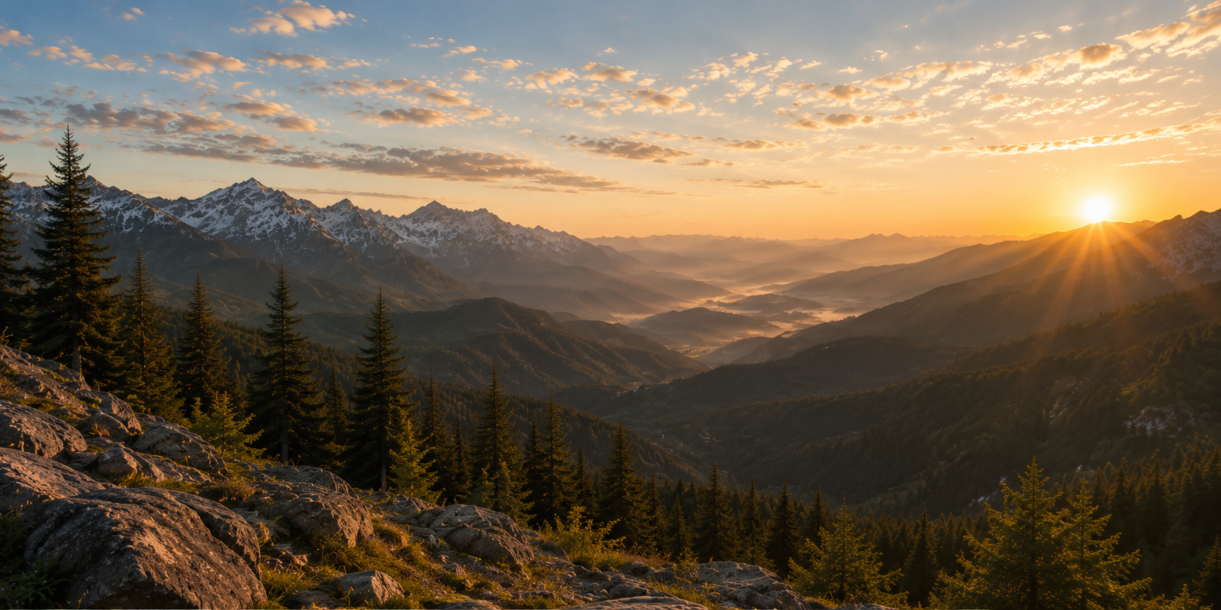 Sunrise over a mountain valley with evergreen trees in the foreground